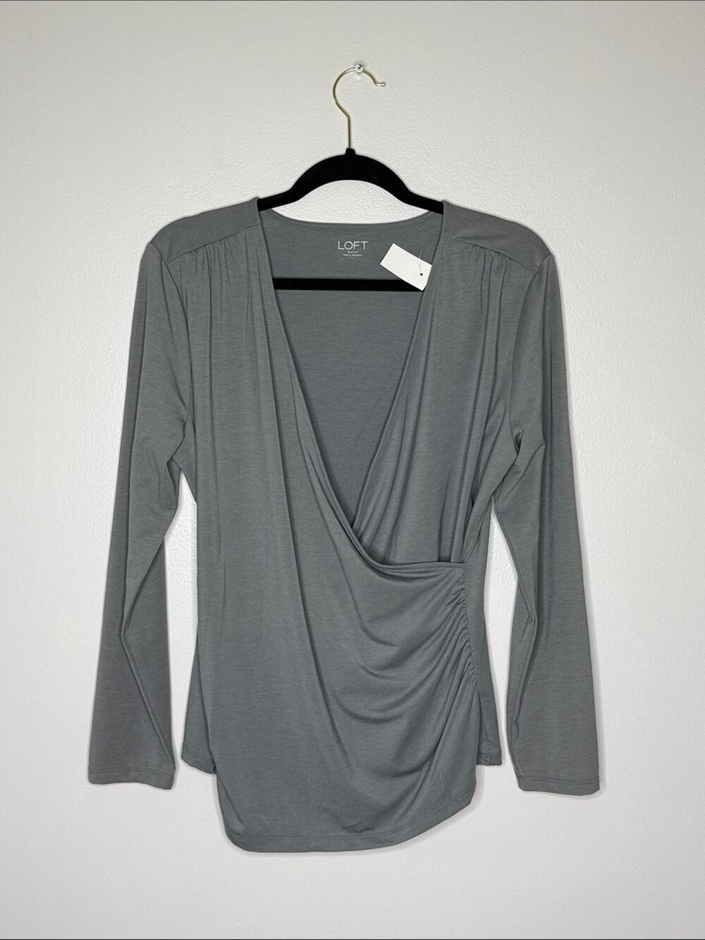 LOFT Gray Surplice Draped Long-Sleeve Top Size Large NEW!